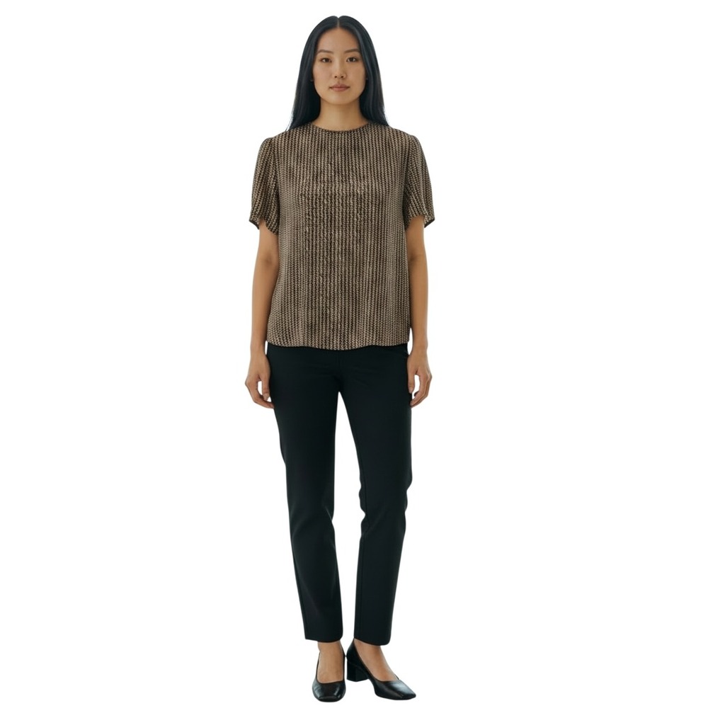 Hana Sung‎ Vintage 100% Silk Blouse Brown Abstract Print Short Sleeve Top Large